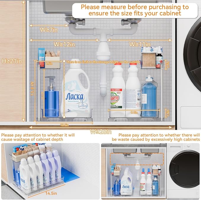 2 Pack 14.6″ Deep Pull Out Under Sink Organizer,12.8″ High 2 Tier Slide Out Cabinet Organizer for Kitchen Cabinet,Undersink Organizers,Under Sink Shelves,Bathroom Organizers and Storage,Clear