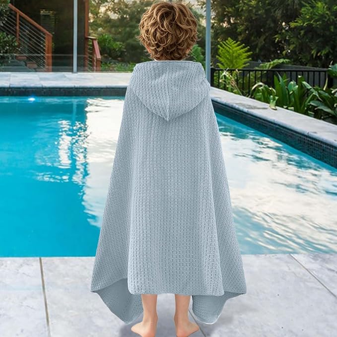 VOOVA & MOVAS Kids Hooded Bath Towel, 6-10 Years,Grey Blue Waffle | Unique Waffle Weave Surface, Dense Fabric, Powerful Absorbency for Multi Scenes