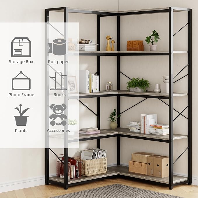 Shintenchi 5 Tier Corner Bookshelf, L Shaped Large Bookcase, Grey | Etagere Bookcase, Corner Shelf Display Storage Rack, with Metal Frame, for Living Room, Bedroom, Office