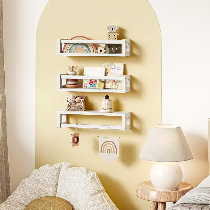 3 Pack Solid Wood Floating Shelves for Wall, Nursery Bookshelf, White | Durable Solid Wood Construction, Deep Shelf Space for Books, Toys, Plants, Photos and Kitchen Storage