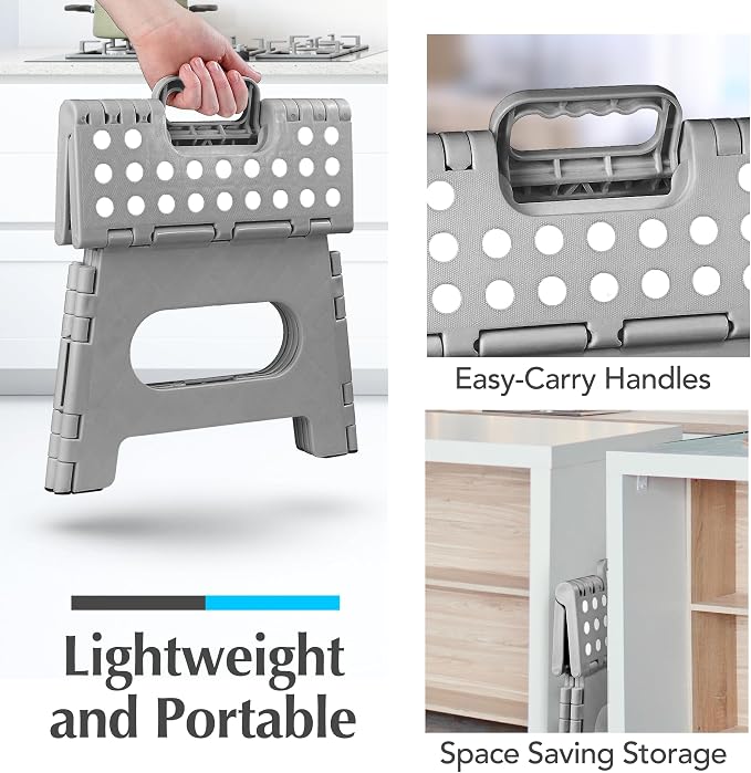 Handy Laundry Folding Step Stool 9 Inch, Grey, Non-Slip Holds 300 lbs | 9 Inch, Grey, Foldable Collapsible Step Stool, Non-Slip, Holds 300 lbs, Kitchen Bathroom Bedroom, Adults