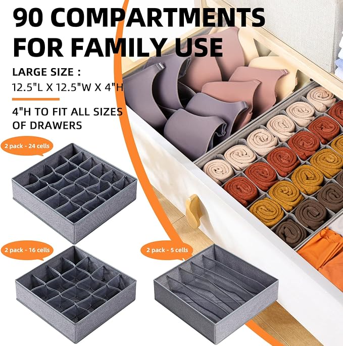 6 Pack Large Drawer Organizer for Sock Underwear - Washable Heavy Duty Fabric Closet Organizers and Storage Bins - 90 Cells Dresser Organizer Divider for Baby Clothes, Ties, Belt (Grey)
