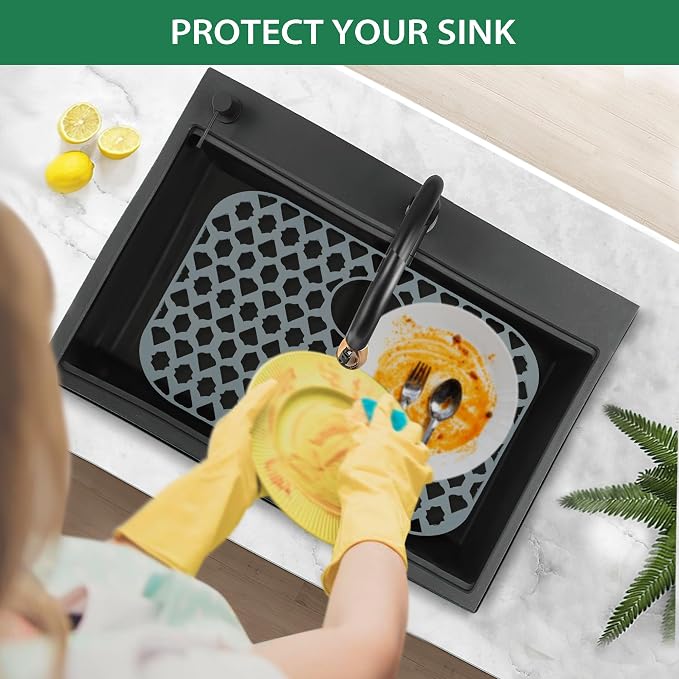 Silicone Sink Protector for Multi-Size Kitchen Sink (21"x16", Rear Drain) | Flexible and durable, heat-resistant, machine washable, non-slip, gray grid.
