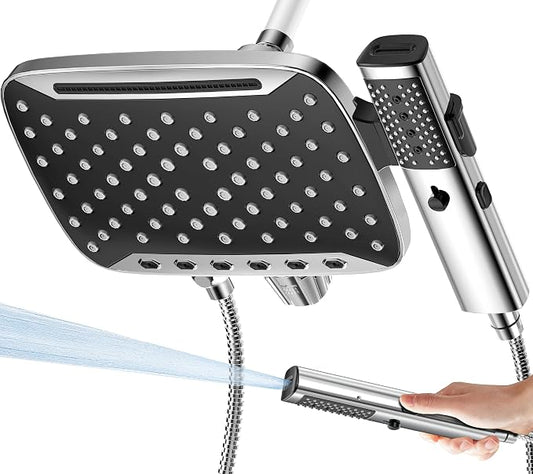JDO High Pressure Rain Shower Head with Handheld Spray Chrome Polished | 7 Modes Dual Shower Head, 10-inch Rainfall Showerheads Combo, Detachable Hand Held Shower Wand, Power Jets, 71" Hose