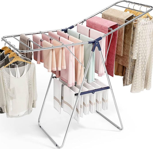 Large Stainless Steel Clothes Drying Rack | Drying Rack Clothing with Height-Adjustable, Foldable Gullwings Laundry Drying Rack, Indoor Outdoor Use, No Assembly, Blue
