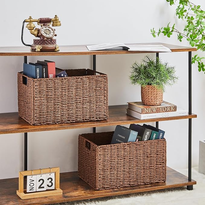Large Wicker Storage Basket, Set of 2 Baskets for Organizing Brown | Hand-Woven Wicker Small Storage Baskets for Organizing Toilet Paper, Foldable Large Cube Storage Organizer Bins for Shelves
