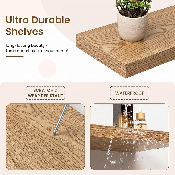 9.25in Depth 30in Floating Shelves, 30x9.25x1.4,Light Brown, Set of 2 | Wall Mounted Engineered Wood Shelves, Invisible Brackets for Living Room, Bedroom, Bathroom, Kitchen Decor and Storage