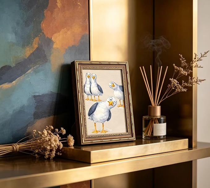 Vintage Gold Framed Funny Seagull Wall Art, Watercolor Cartoon Bird Canvas Print, Whimsical Coastal Wall Decor, Retro Style Funny Bird Poster Artwork,for Bathroom Bedroom Living Room,12x16in