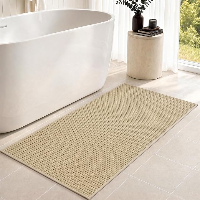 tchdio Bathroom Runner Rug, Absorbent Washable Thin Bath Mat, Non Slip Quick Dry Bath Rugs with Solid Rubber Backing, Low Profile Bath Mat, Beige, 24" x 70"