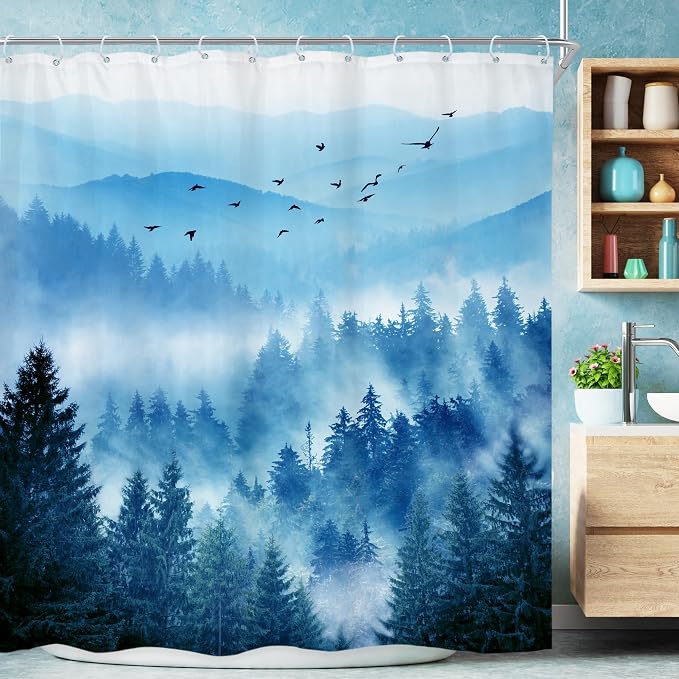 Navy Blue Mountain Nature Woodland Scenery Bathroom Shower Curtain Set | 72"W x 72"L shower curtain， Park Scene: HD waterproof print, quick-dry cloth, free hooks for easy installation.