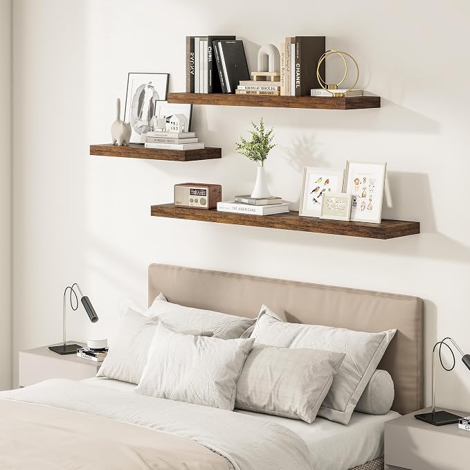 Vivelove 12" Deep Floating Shelves 24x12” Set of 2, Rustic Brown | Easy Install With Hardware, 2" Thick, Invisible Brackets, Wall Mounted, No Sagging, For Any Room