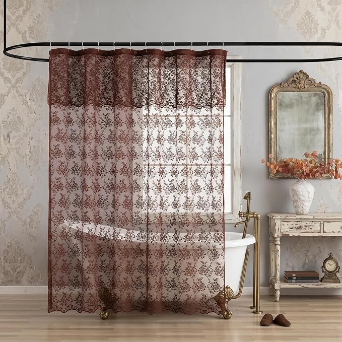 Chocolate Brown Shower Curtain 72x72, Vintage Lace with Attached Valance | Brown Lace Shower Curtain with Scalloped, Floral Trim, Lets in Soft Light for Rustic, Boho and Moody Bathroom Decor