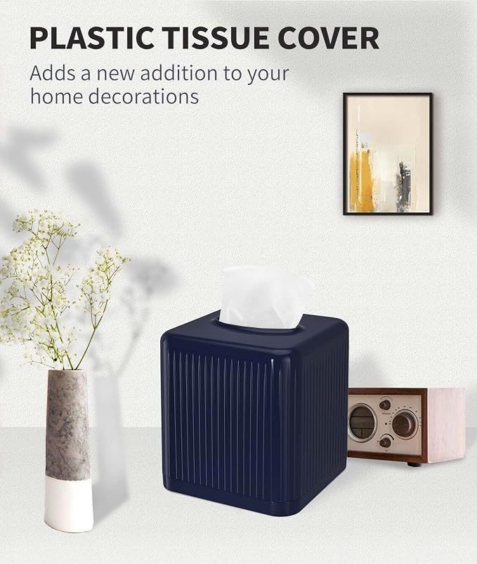 Livelab Tissue Box Cover with Base, Square Plastic Tissue Box Holder Decorative Tissue Box Case Modern Facial Paper Dispenser for Bathroom, Vanity Countertops, Night Stands, Desk - Navy Blue