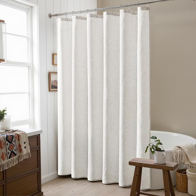 Boho Linen Shower Curtain 86 Inch Length Country Farmhouse Cottage Bath Decor Shower Curtains Neutral Cloth Weighted Textured Fabric Bath Curtain,72x86