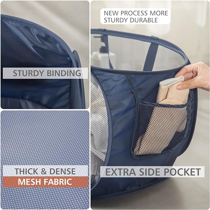 Sturdy Mesh Laundry Hamper Basket Bag,collapsible Pop up for Laundry Room | Folding Foldable Baskets with Side Pocket Travel Clothes Organizer for Bathroom,Kids Room,College Dorm (Horizontal,Beige)