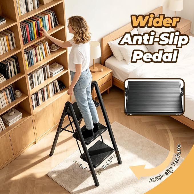 HBTower 3 Step Ladder, Lightweight Aluminum Folding Step Stool | Anti-Slip Wide Pedal, 330lbs Capacity Step Ladder for Household Kitchen Office, Black