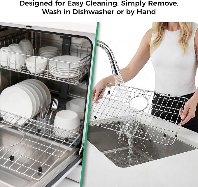 Stainless Steel Detachable Sink Grid (28-3/8" x 15-3/8" Rear Drain) | 304 Stainless Steel, Anti-Rust, Sink Bottom Protector, Scratch Proof, Rear Drain, Multi-Use Rack, Heavy Duty, Easy Clean