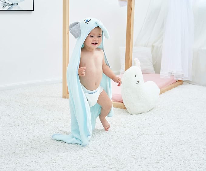 HIPHOP PANDA Ultra Soft Hooded Baby Towel - 2-Layer Thick 500GSM Absorbent | Rayon Made from Bamboo, Hooded Bath Towel for Newborn, Infant, Toddler, Baby Registry - Blue Elephant, 30x30 In