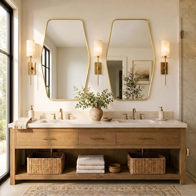 Brushed Gold Tapered Rectangle Bathroom Mirror, 24x36 Inch | Aluminum alloy frame, tempered glass, two-way keyhole mount, for dressing room and entryway