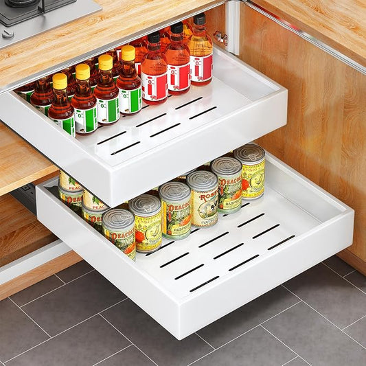 Pull out Cabinet Organizer, 21"Deep, 16.9"Wide Full-Extension Heavy Duty Slide out Drawers with Nano Adhesive, Roll Out Shelf Sliding Cabinet Storage for Kitchen, Bathroom, Pantry, Under Sink(White)