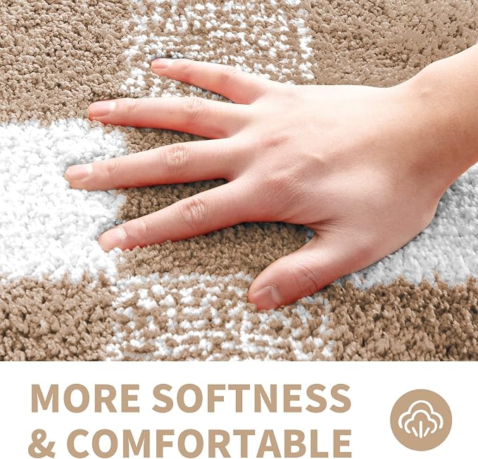 CozeCube Beige Checkered Bath Mat 32"x20" Non Slip Washable Rug | For Bathroom Non Slip, Fluffy Absorbent Microfiber Bath Mats Machine Wash, Stylish Cute Aesthetic Bathroom Rugs