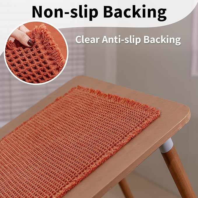 Burnt Orange Bathroom Rug, Fall Waffle Bath Mat Runner, 24" x 72" | Super Absorbent Quick Dry Bath Runner, Washable Waffle Weave, Non Slip Boho Farmhouse Bathroom Fall Decor for Sink or Tub
