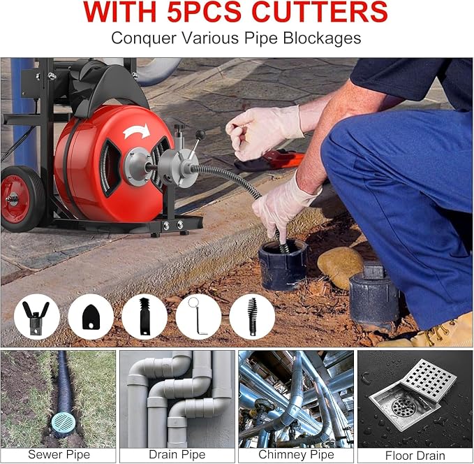 100Ft 3/4 Inch Drain Cleaning Machine. Sewer Snake 750w Auto Feed | Portable Drain Cleaning Machine Electric Drain Auger Sewer Auger with 6 Cutter Air-Activated Foot Switch for 4" to 8" Pipes
