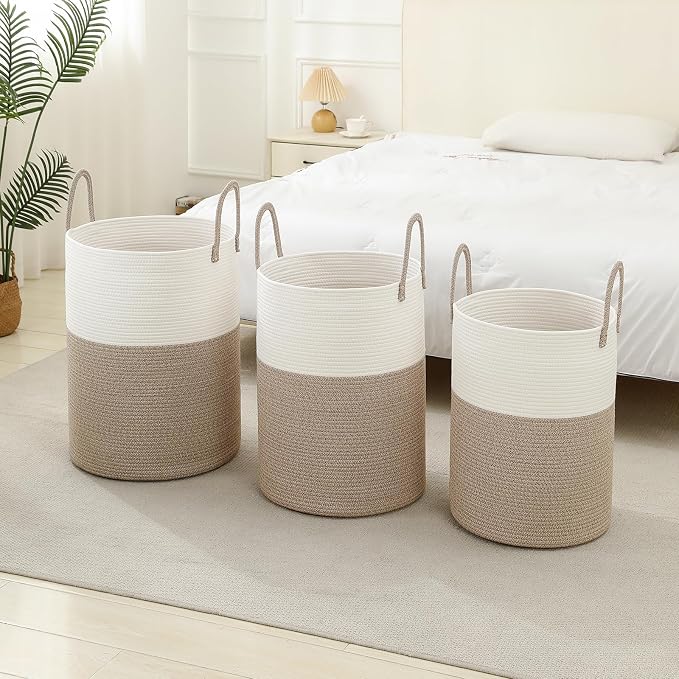 Laundry Basket Hamper Tall Rope Storage Woven for Blanket toys Dirty Clothes in Living Room Bathroom Bedroom (White&Brown, 80L/21.3Gal)