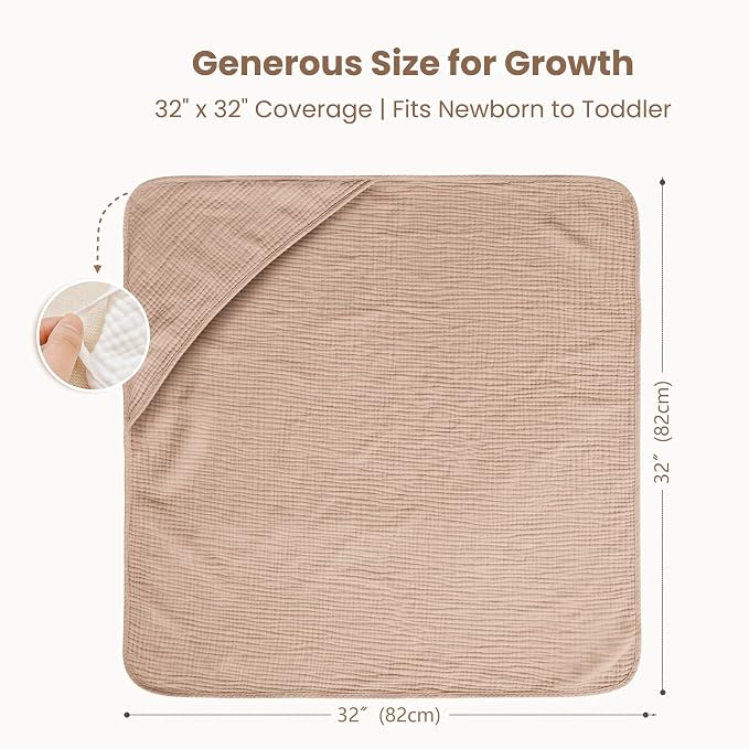 Konssy 2-Pack Muslin Hooded Baby Towels, Bath Towel for Newborns, Toddlers | 32 x 32 In, Ultra-Soft & Absorbent, 100% Cotton Bath Towels Set With Hood for Infants, Boys and Girls (Cream, Camel)