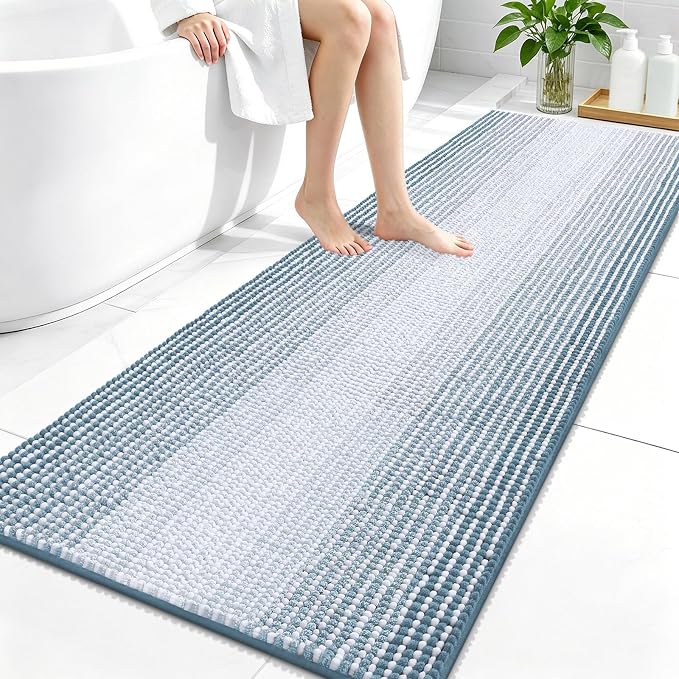 OLANLY Bathroom Runner Rugs 59x24, Chenille Striped Bath Rugs, Airy Blue | Extra Soft Absorbent, Rubber Backing, Machine Wash Dry, Bath Mats for Bathroom Floor, Tub and Shower, Home Decor Accessories