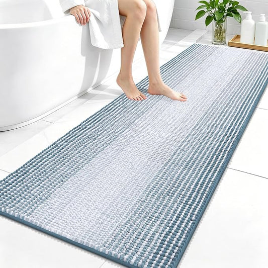 OLANLY Bathroom Runner Rugs 59x24, Chenille Striped Bath Rugs, Airy Blue | Extra Soft Absorbent, Rubber Backing, Machine Wash Dry, Bath Mats for Bathroom Floor, Tub and Shower, Home Decor Accessories