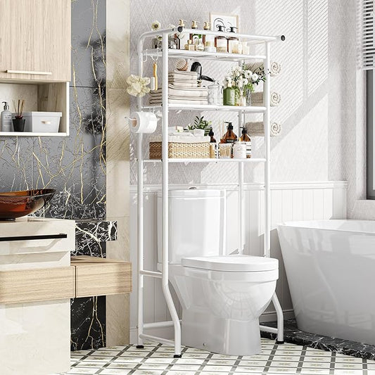 Simple Trending 3 Tier Over The Toilet Storage Rack, Metal Bathroom Shelf, Bathroom Stand Organizer Space Saver with Paper Holder and Hooks, White