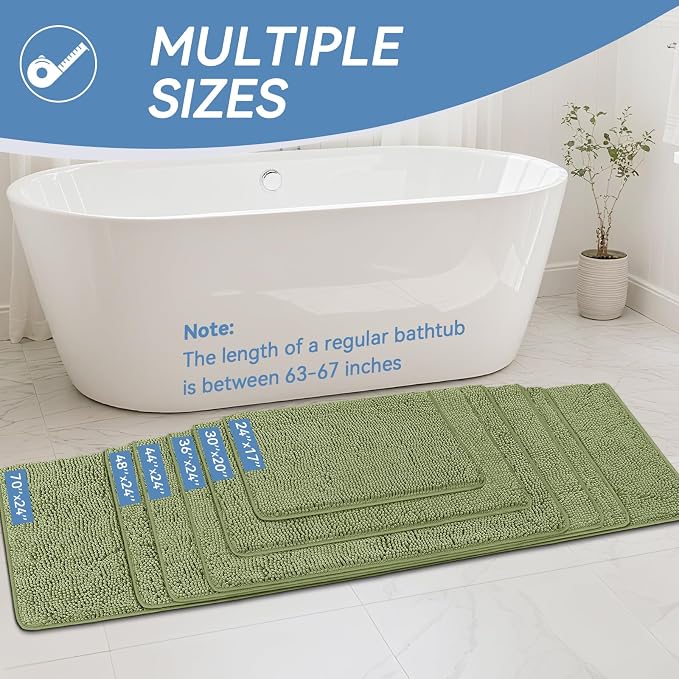 Bcoimo Small Bath Rug Mat,Sage Chenille High Absorbent Bathroom Floor Mats | Non Slip with Rubber Backing 24x17 Bathroom Rug; Machine Washable;Extra Soft Bath Rug;High Absorbent、Quick Dry Microfiber mat