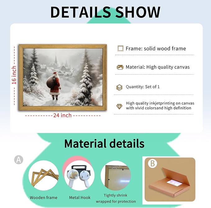 Vintage Christmas Canvas Wall Art, Wood Framed Santa Claus Wall Decor Painting, Rustic Farmhouse Winter Snow Scene Poster Print Picture 16x24 inch, Best Holiday Decor for Living Room Bedroom Home