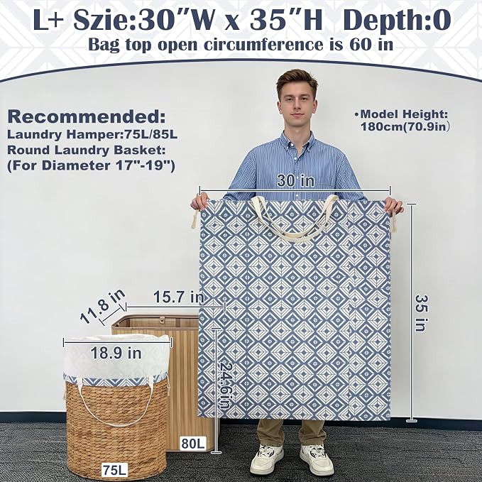 Canvas Laundry Bag with Handles & Drawstring 30"Wx35"H, L+ Geometry Blue | Thick Canvas Storage Bag, Large Heavy Duty Washable Dirty Clothes Travel Sack, for Camp, College Dorm, Laundromat, 1 Pack