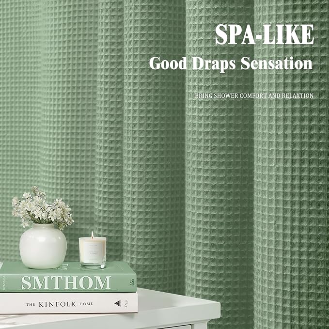 Stall Waffle Shower Curtain Heavyweight Cotton Fabric Sage Green 48Wx72L | Soft Cotton Cloth,3D Square Truely Waffle,Washable, Hotel Luxury Spa, Shower Curtains for Narrow Bathroom 12 Plastic Hooks
