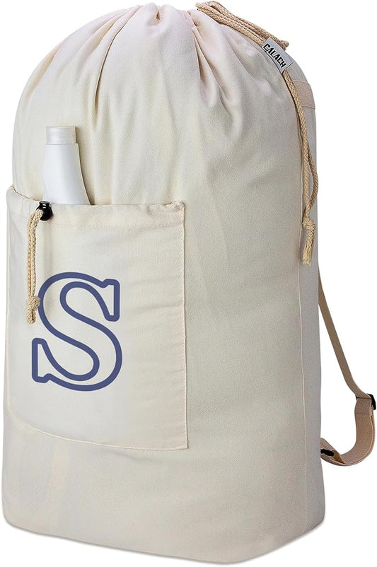 Laundry Bag Backpack Personalized Initial Canvas Laundry Bag, Letter S | with Straps & Drawstring Closure, Dirty Cloth Hamper, For College, Travel, Laundromat, Camping