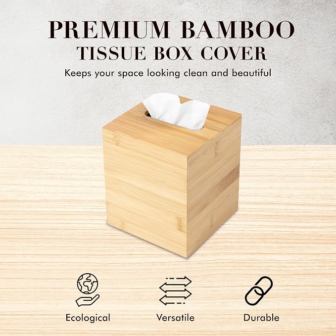 Design Tissue Box Holder - Modern, Minimalist, Durable Wooden Box with Sliding Bottom, Easy-Refill - Premium-Quality Bamboo Cover, Square, Pack of 2