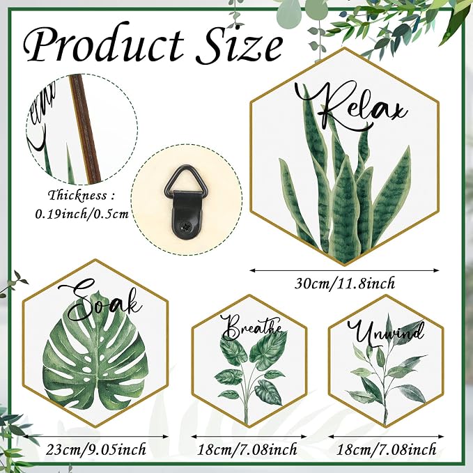 Hoteam Set of 4 Green Eucalyptus Bathroom Decor Botanical Wall Art Green and Gold Bathroom Decor Wall Art Relax Soak Unwind Breathe Paintings