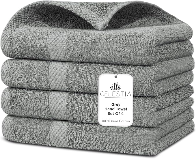 Villa Celestia Cotton Hand Towels Set of 4, 16 x 28, Oeko-TEX Certified, Quick Dry, Grey