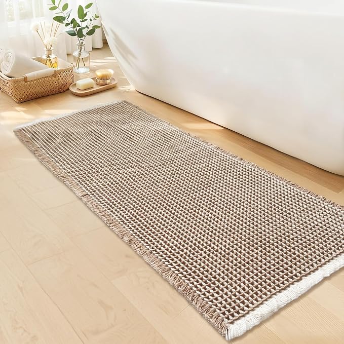 Long Bath Mat, Waffle Bathroom Runner Rug Non Slip Washable, 24 x 60 | Super Absorbent, Quick Dry Bath Runner, Soft Waffle Weave, Boho Farmhouse Bathroom Decor in Khaki and White for Sink or Tub.