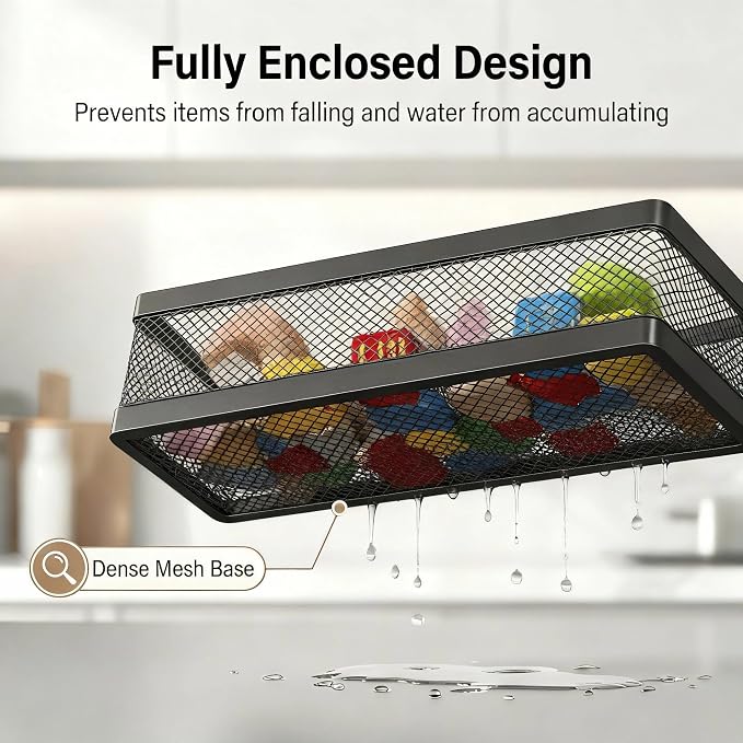 PUSDON 5-in-1 16.5" Extra Long Slim Wall Mount Wrapped Mesh Kitchen Organizer & Shower Caddy Kit, with Paper Towel Holder, Utensil Holder, Soap Dish, Holds 50LBS - Matte Black, Netting