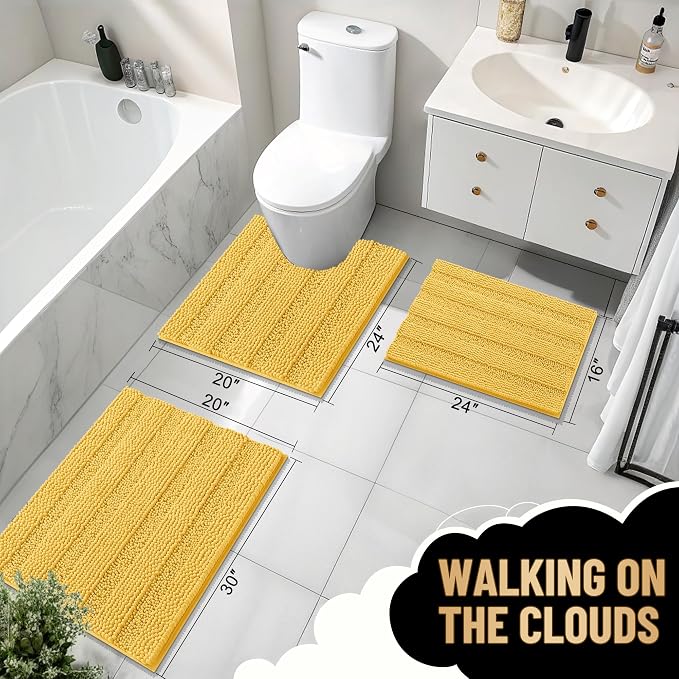 OLANLY Thick Small Bathroom Rugs 24x16, Soft Chenille Bath Rugs, Yellow | Rubber Backing, Machine Wash, Extra Absorbent Striped Bath Mats for Bathroom Floor, Tub and Shower, Home Decor Accessories