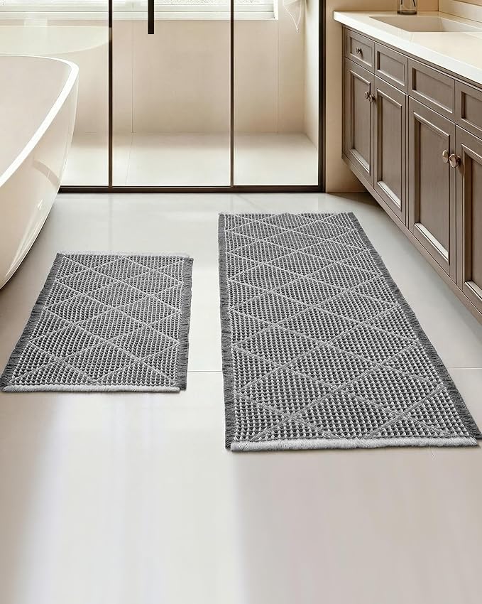 Waffle Bath Mat Set, Non Slip Bathroom Rugs 2 Piece, Gray & Light Gray | Ultra Absorbent Long Bath Rug Runner for Bathroom Boho Chic Decor, Machine Washable Floor Mats, 20"×47" Plus 18"×30"