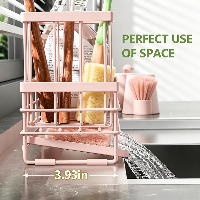 Cisily Pink Sink Caddy Sponge Holder for Kitchen with Brush Holder and Stainless Steel Self Drain Tray, Rustproof Kitchen Sink Organizer for Sponge, Soap Dispenser Storage Accessories