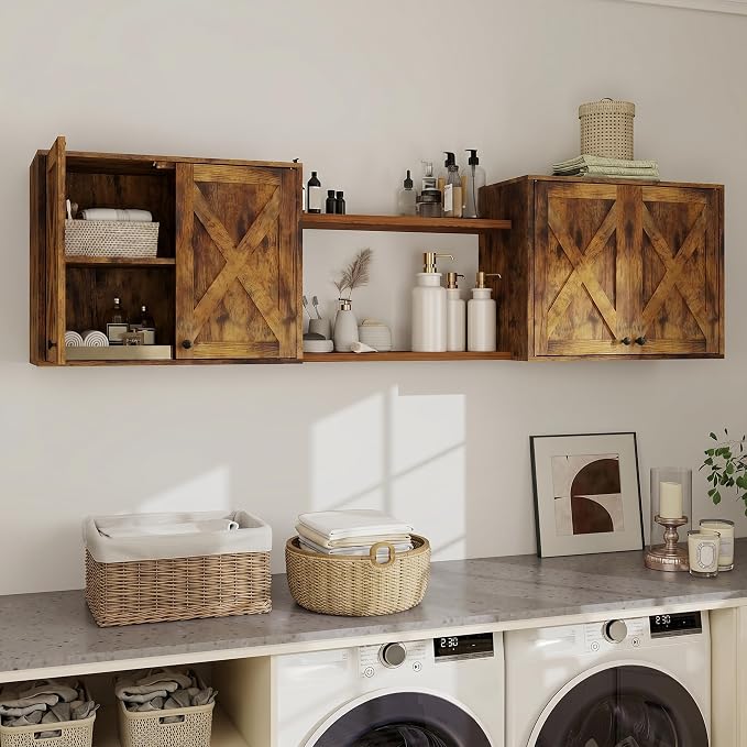 YOURLITE Laundry Cabinet, Medicine Cabinet, Bathroom Kitchen Storage Wall Mounted Farmhouse Organizer with Shelves Over Toilet, One Set of 2 Pieces X 24"