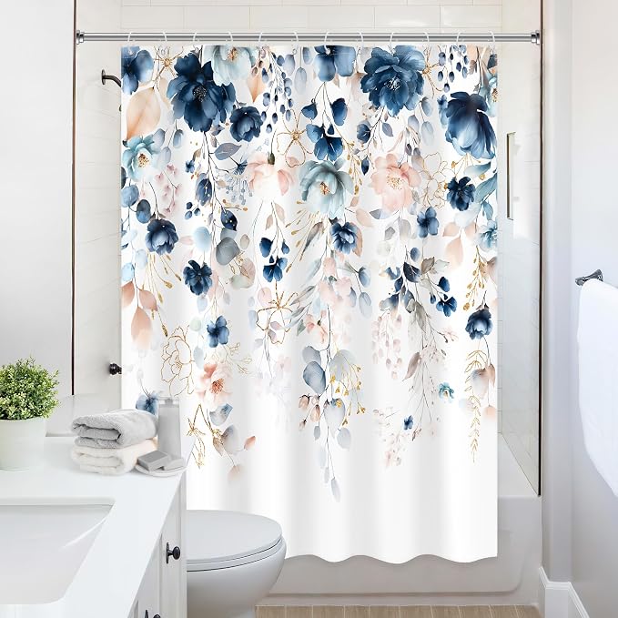 Small Stall Flower Blue Pink Spring Bathroom Shower Curtain Set | 54"W x 78"L Floral Wilfflower design with waterproof HD artwork, quick-dry fabric and hooks for easy hanging.