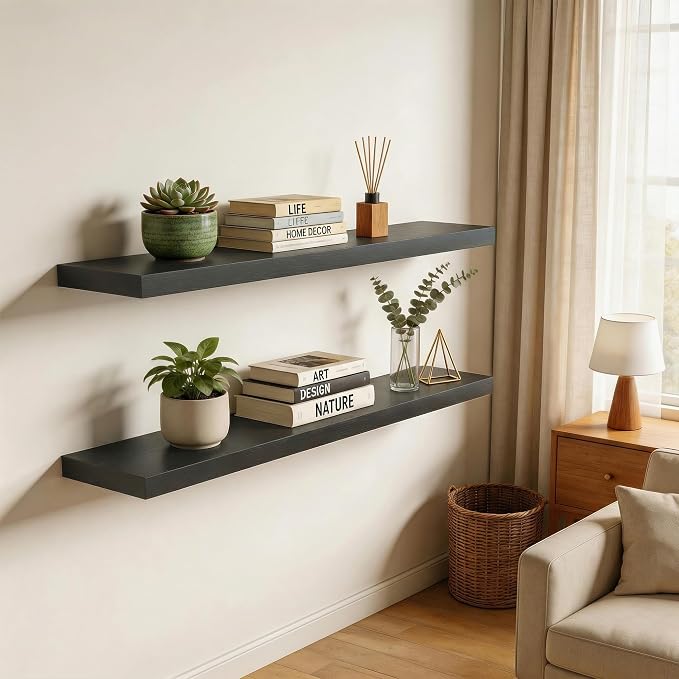 36 in Floating Shelves for Wall Decor Color Black,Pack 2 | Modern floating shelves for living room,bedroom,kitchen and bath.Organize & display books,photos and decor.easy mount,sturdy.