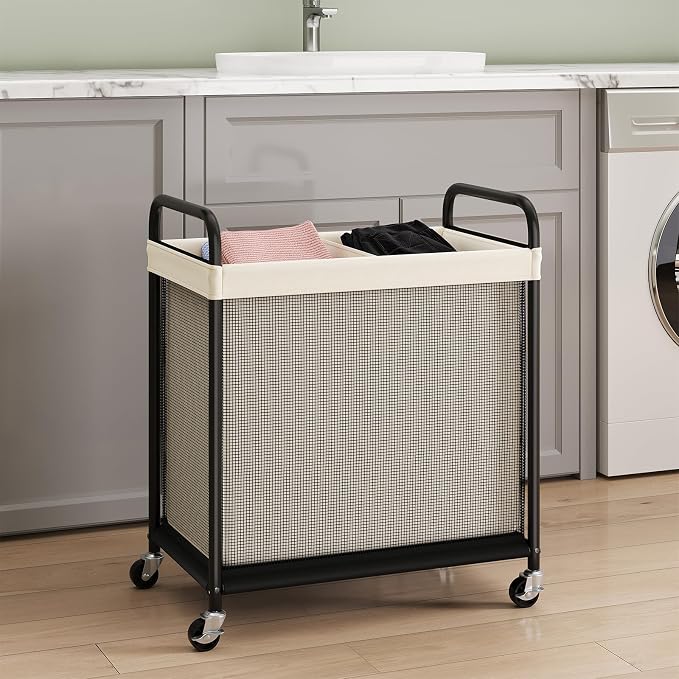 ELYKEN Laundry Hamper 2 Section, 100L Rolling Laundry Sorter with Wheels | Removable Washable Liner Bags, Sturdy Steel Frame and Metal Handle, Double Compartment Clothes Organizer for Laundry Sorting