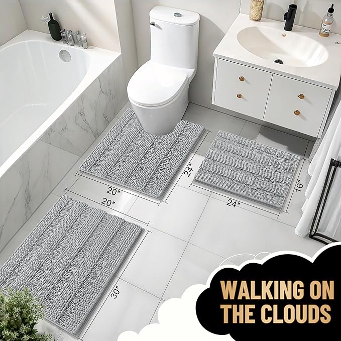 OLANLY Thick Toilet Rugs U-Shaped 24x20, Soft Chenille Bath Mat, Light Grey | Extra Absorbent Striped Contour Bathroom Rugs for Toilet, Dry Quickly, Machine Washable, Non-Slip